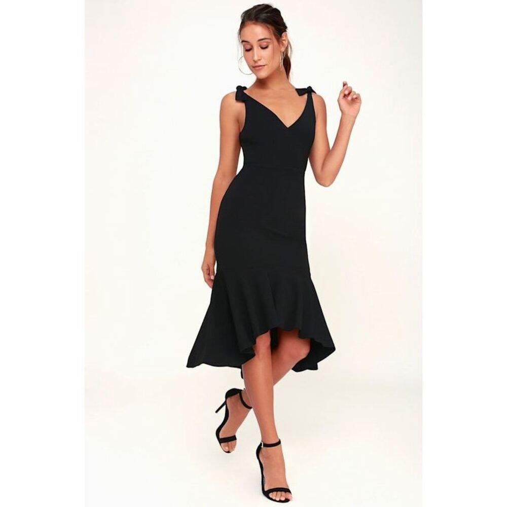 Lulus Want You To Want Me Black Trumpet Hem Bodycon Midi Dress - Size Small